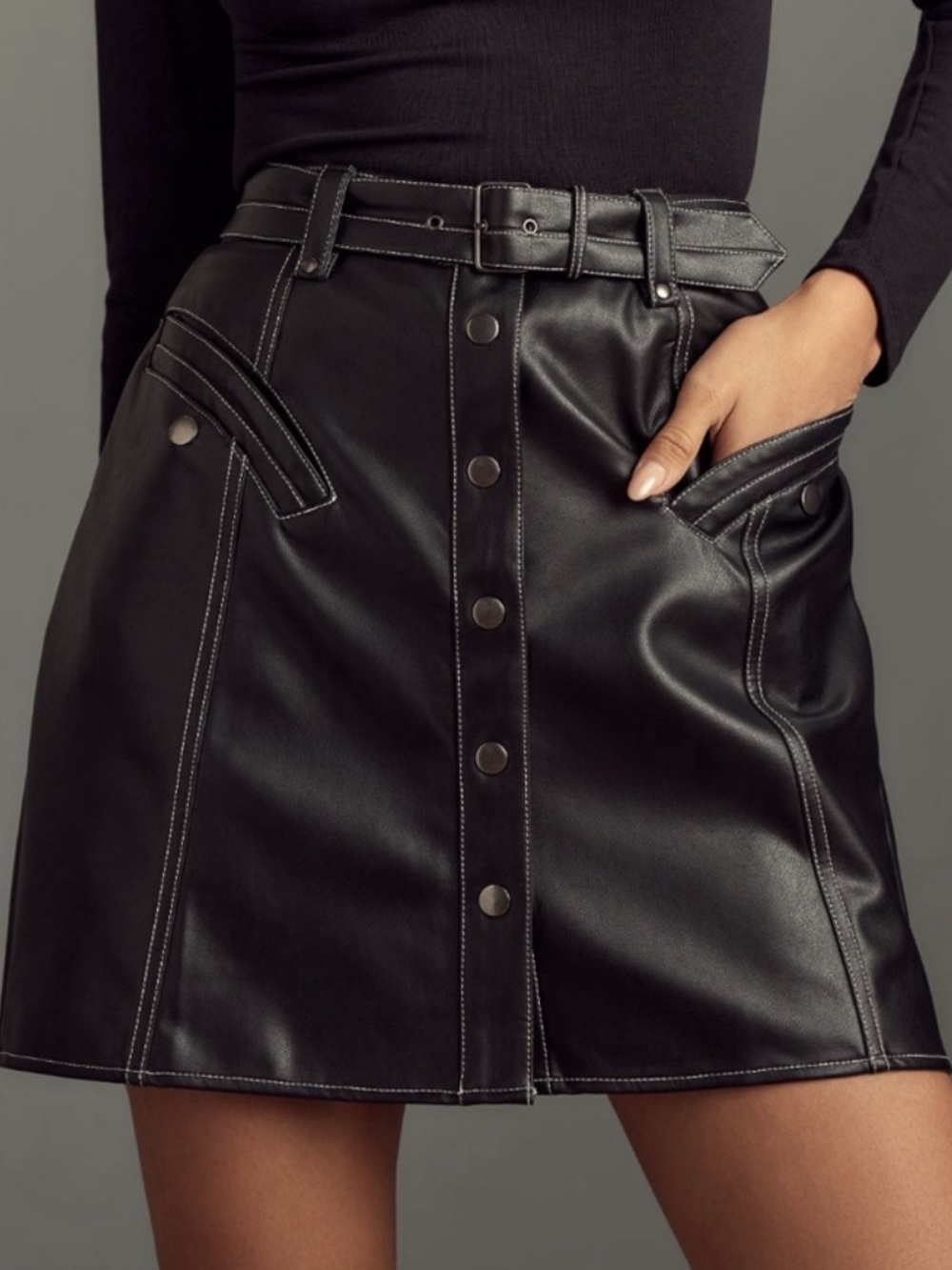 Anthropologie Maeve Faux Leather Button-Front Belted Mini Skirt Size 10